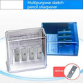 Four-hole plastic pencil sharpener with geometric boxed design and screwdriver