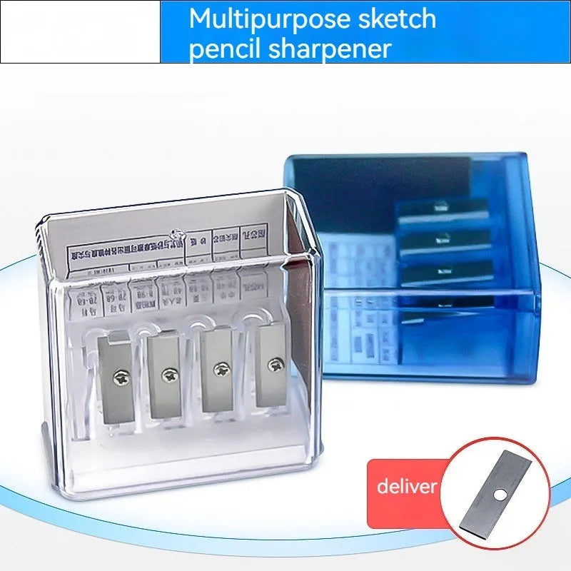 Four-hole plastic pencil sharpener with geometric boxed design and screwdriver