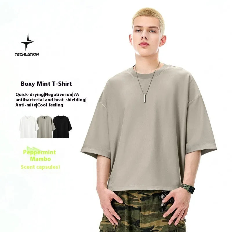 Men's sand grey loose fit short sleeve pullover with regular sleeves