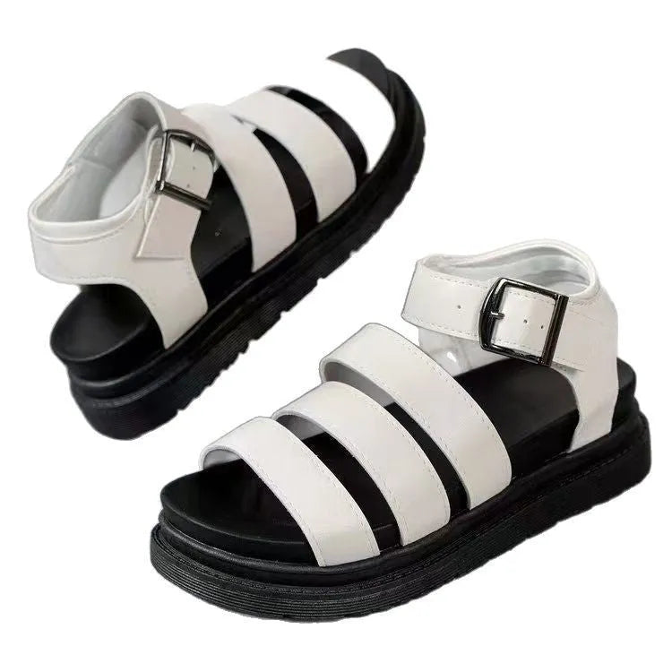 Thick sole beach sandals with PU upper and fish mouth toe design in black, white, and orange colours