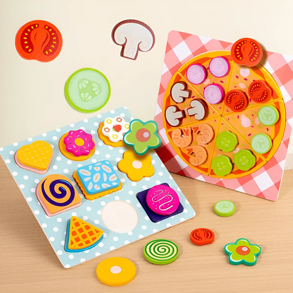 Children wooden educational toy set in XBL pizza biscuit colour box for hand-eye coordination and sensory training