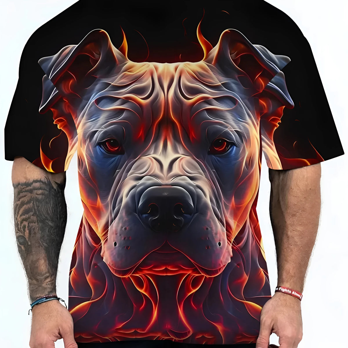 Men's grey t-shirt with digital printed dog head camouflage pattern showing front design