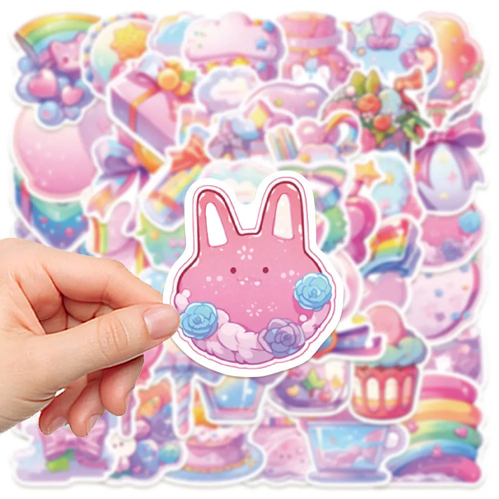 Pack of 50 fresh candy coloured waterproof decorative stickers with small object designs for journal decoration.