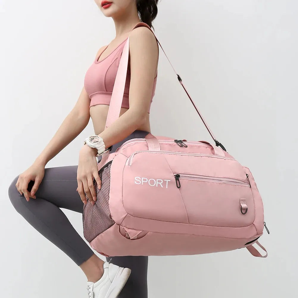 Oxford sports gym backpack with shoe compartment and multiple pockets, 55x30x22cm, available in five colours.
