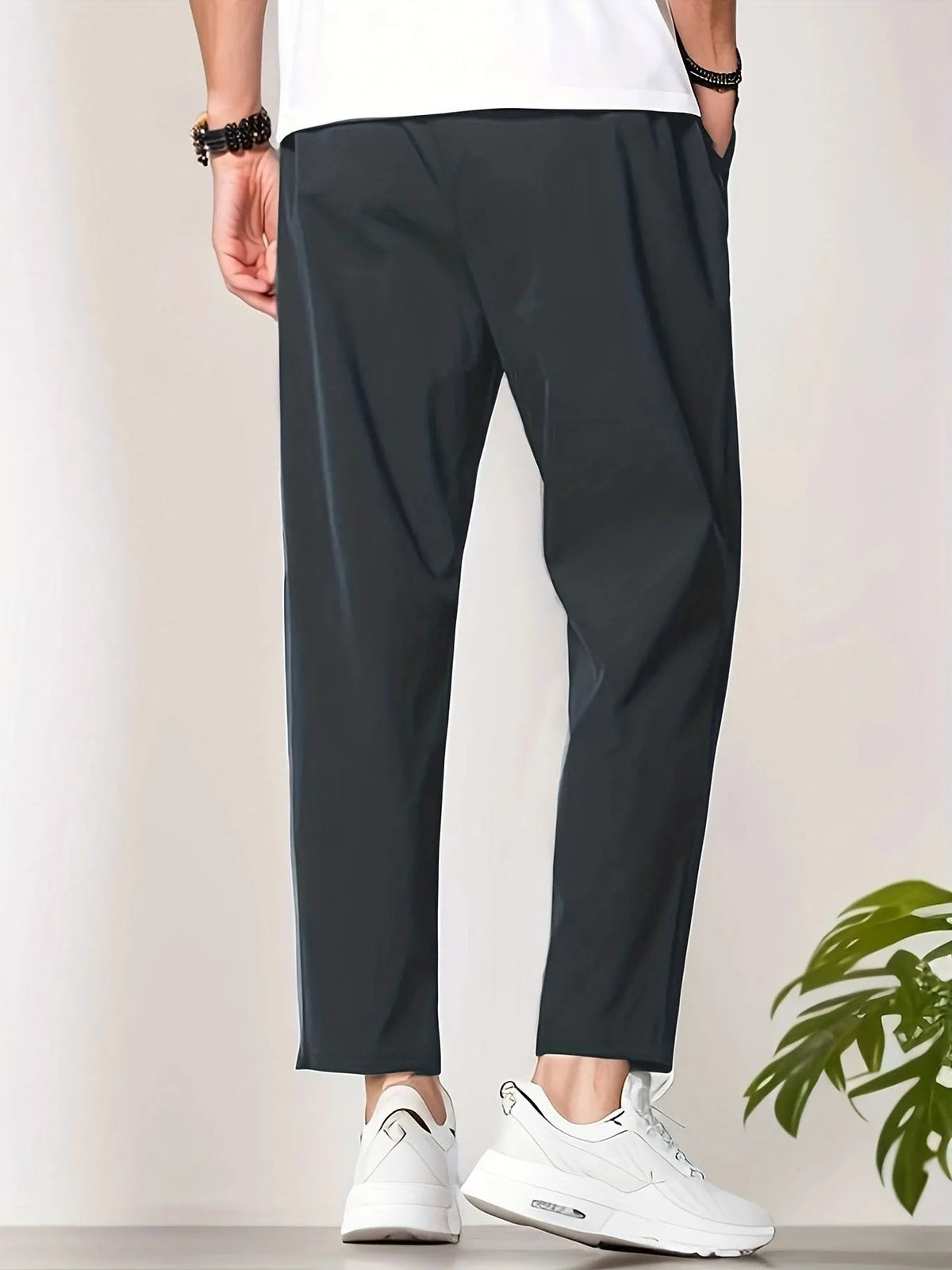 Men's slim-fit ankle length polyester trousers, mid waist tapered cropped pants in black, grey, dark green, navy blue
