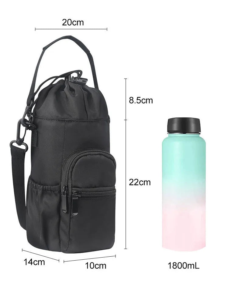 Cloth water bottle shoulder bag crossbody pouch in black, green, or pink.