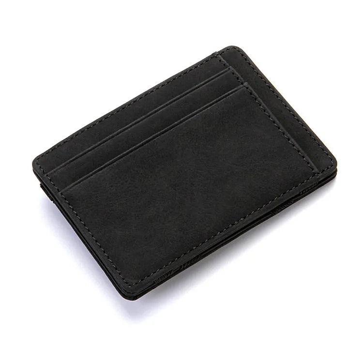 Solid colour PU magic wallet open, showing flip card holder and zippered coin purse in light grey.