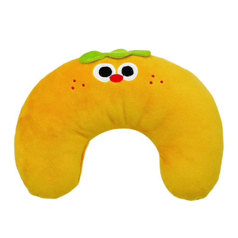 Plush U-shape pet pillow, 23cm by 30cm, in green apple, black ear white puppy, pink rabbit, or orange