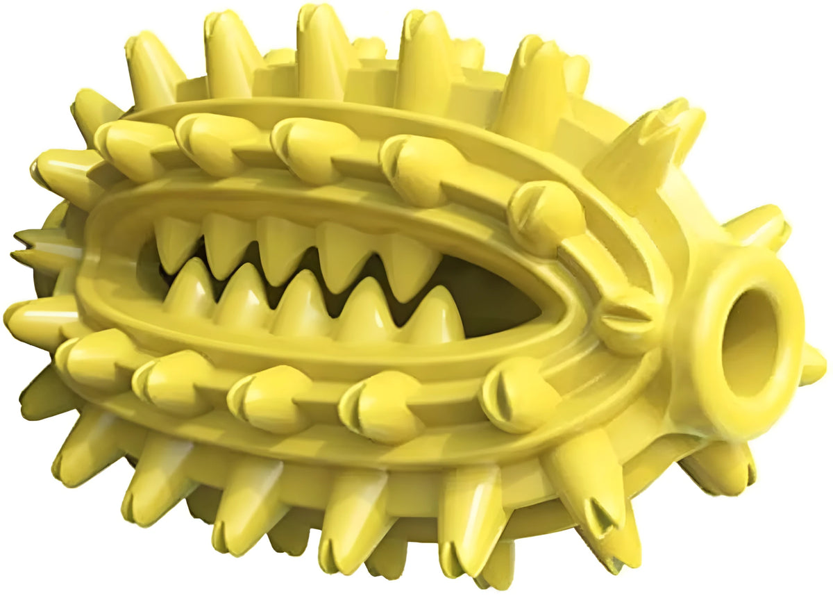 Green cactus-shaped dog chew toy with textured cleaning bumps and treat channels