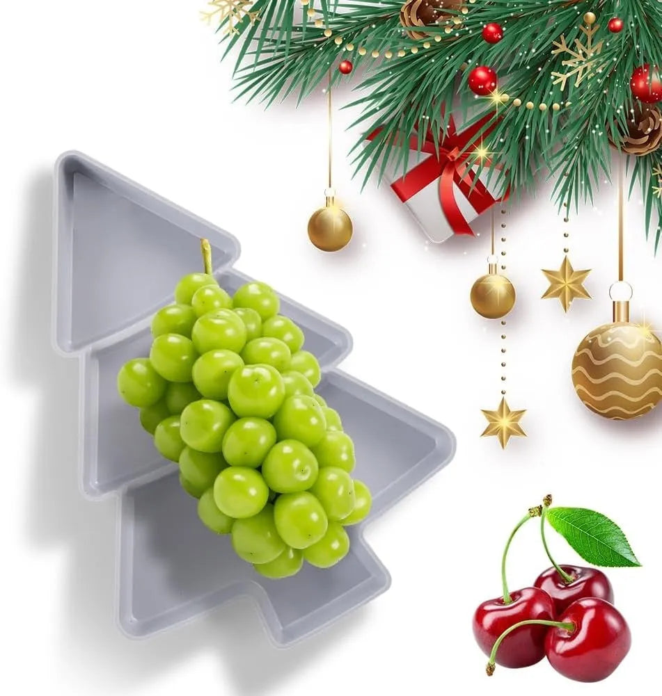 Christmas tree shaped plastic fruit platter and divided snack tray, 25.5 x 18.5cm, in blue, grey, pink or white.