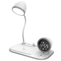 White three-in-one desk lamp with digital clock display, wireless charging pad top, and 49 LED light beads.
