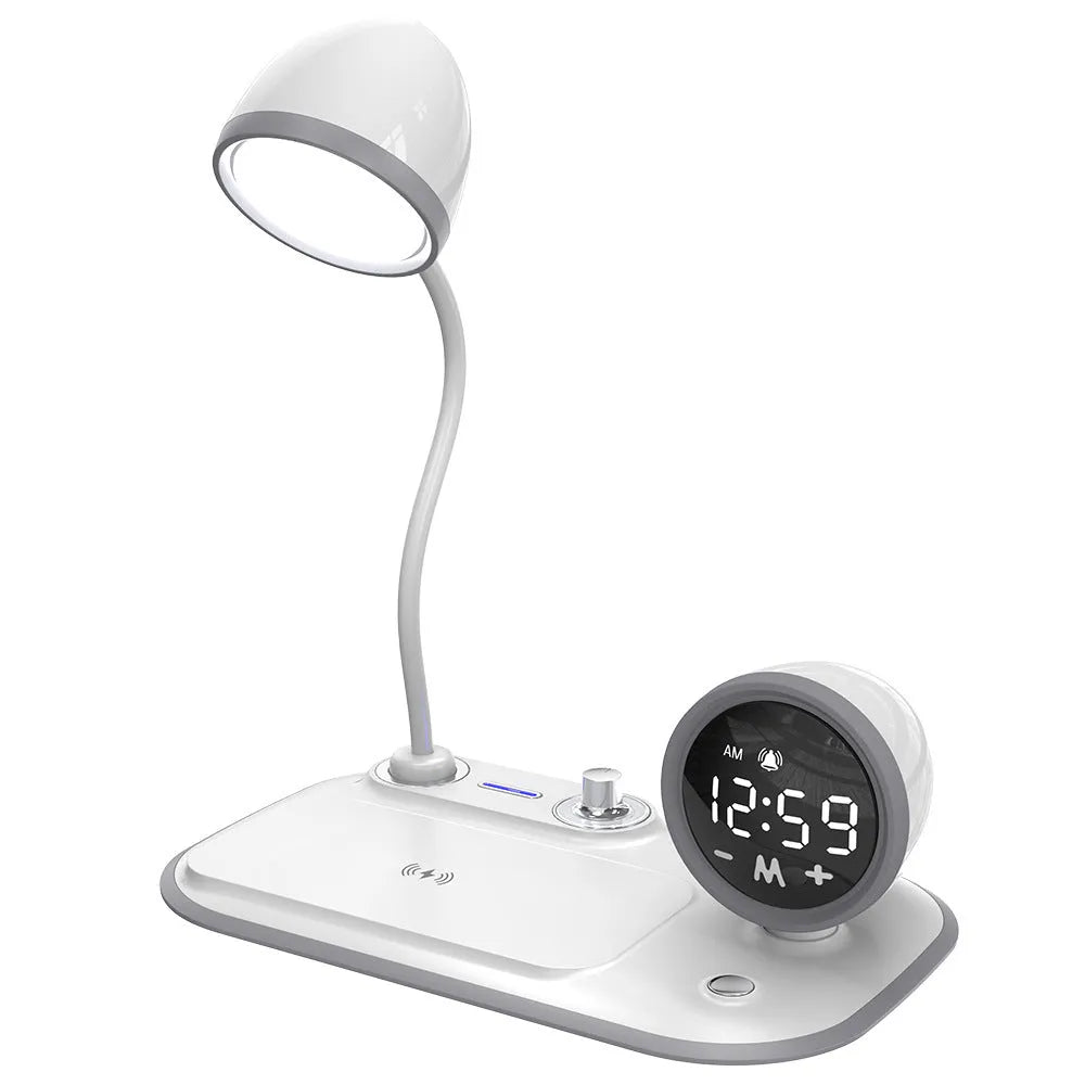 White three-in-one desk lamp with digital clock display, wireless charging pad top, and 49 LED light beads.