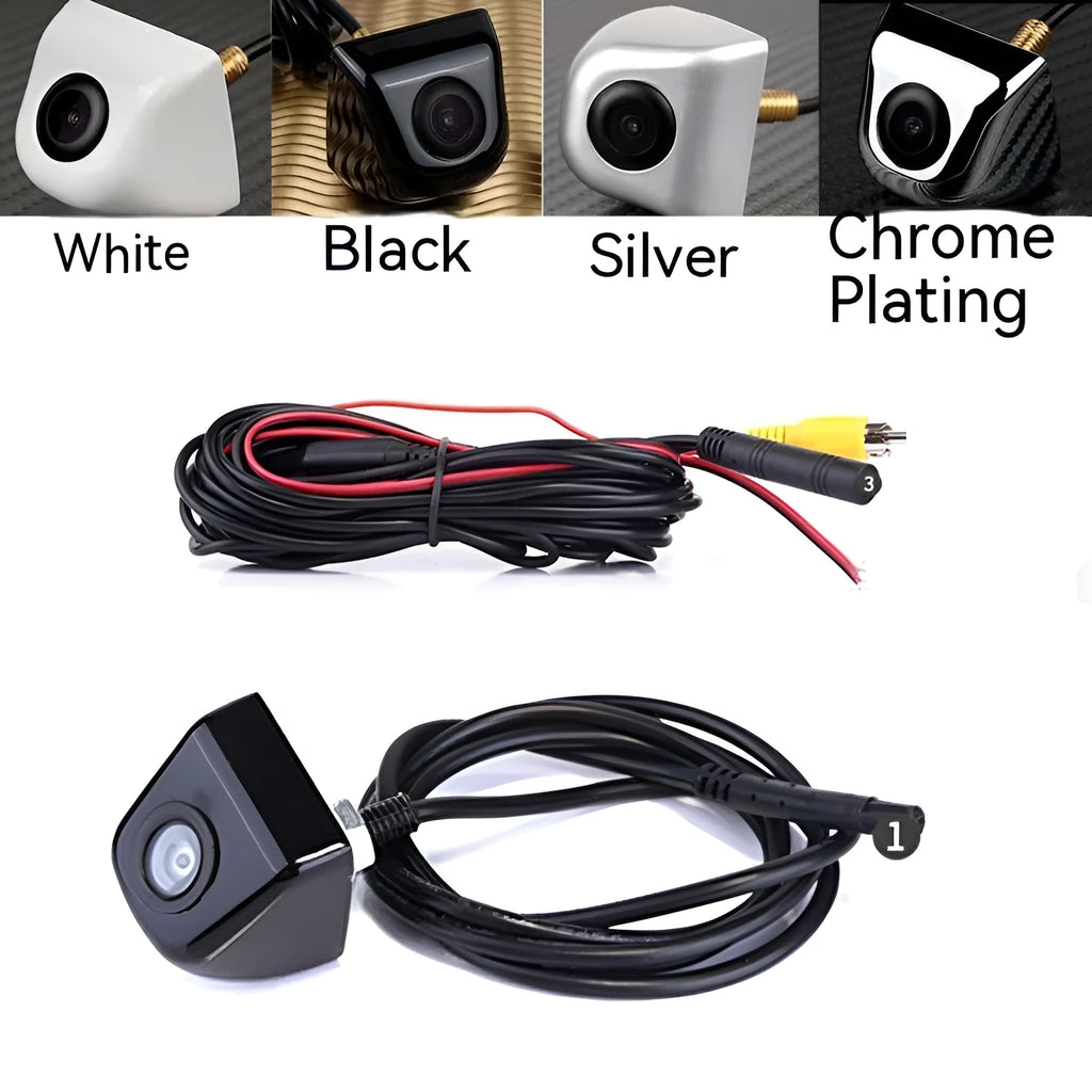 HD car reversing camera with metal housing showing integrated cable and screw mounting