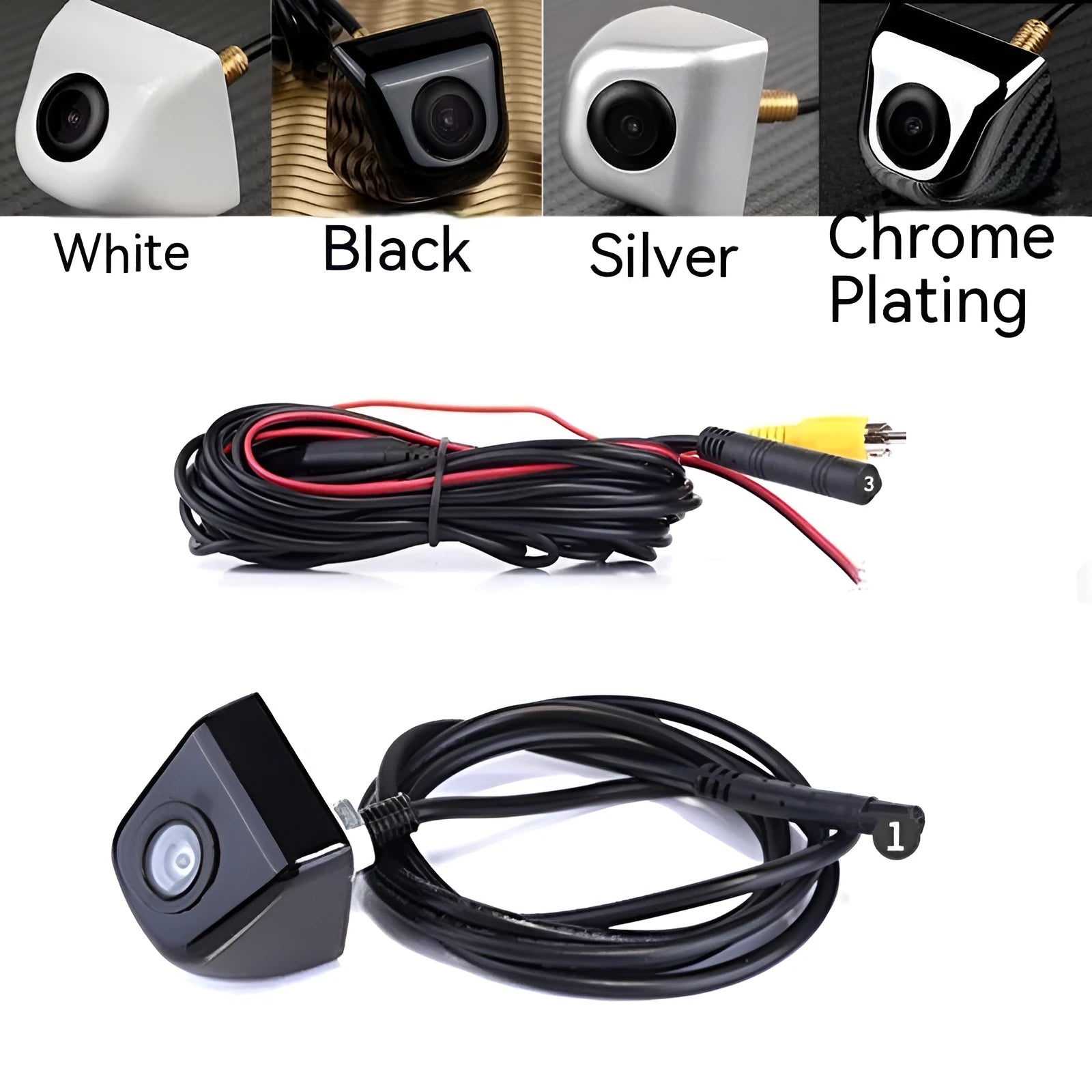 HD car reversing camera with metal housing showing integrated cable and screw mounting