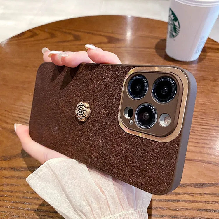 Brown camellia PC silicone phone case for iPhone with frosted finish