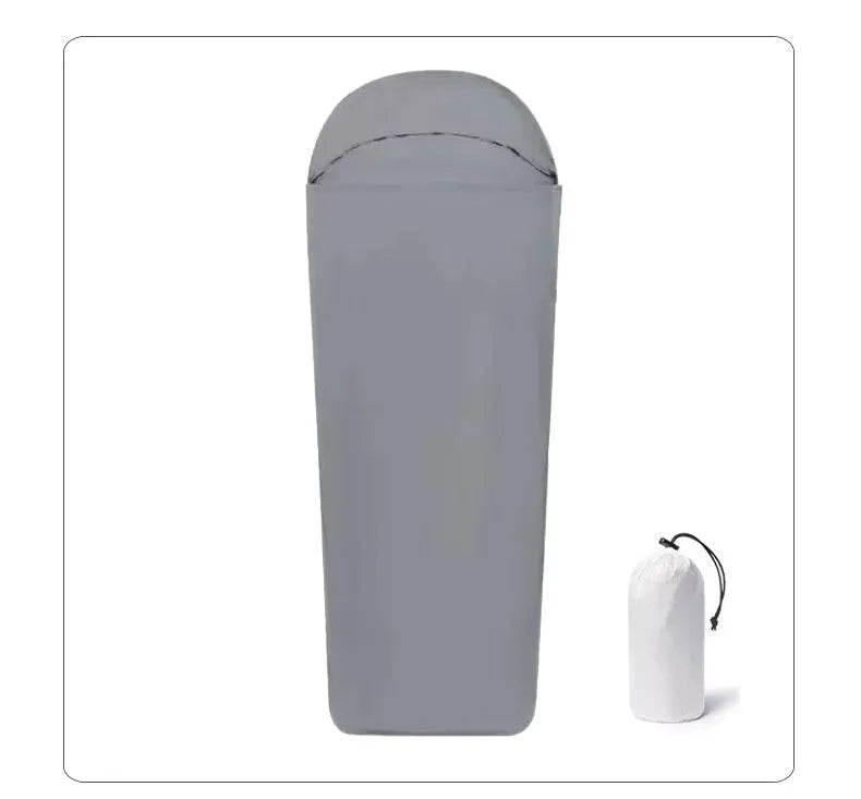 Blue nylon camping sleeping bag with mummy design shown uncompressed to 210cm length