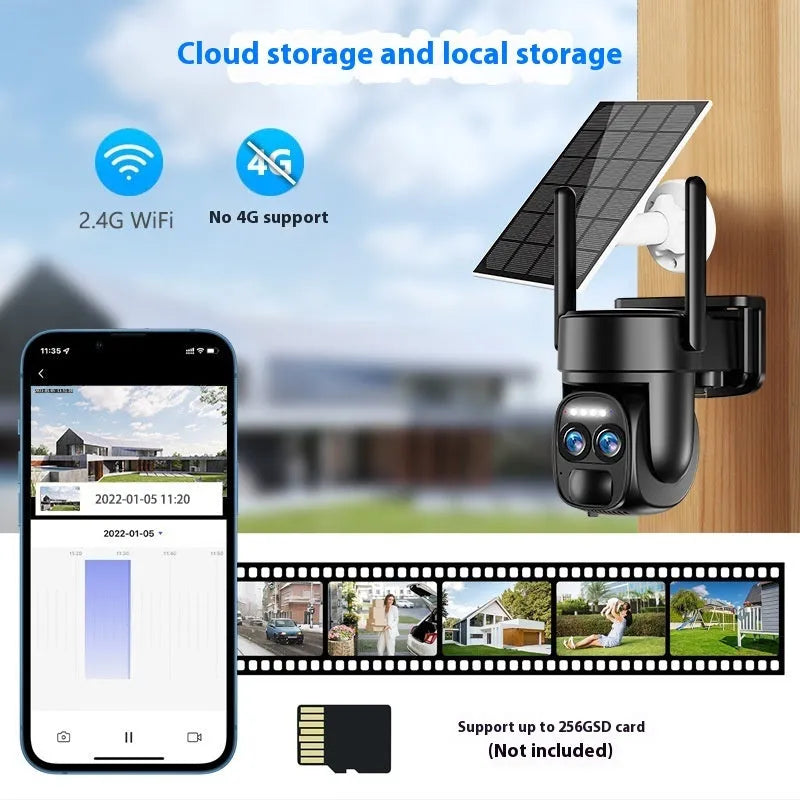 Solar panel security camera mounted outdoors with 8x zoom lens.
