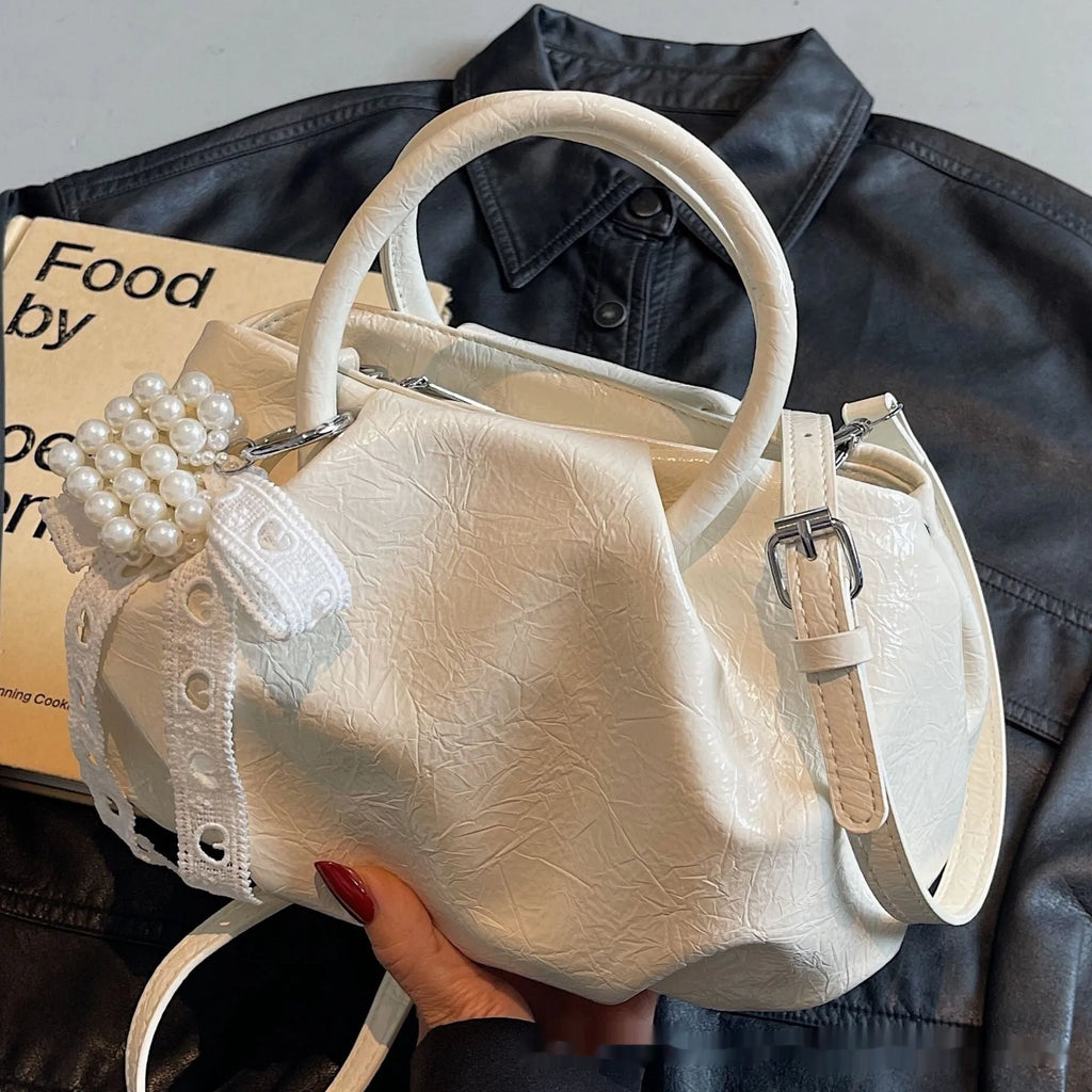 PU cloud shoulder bag in solid colour with bucket shape and outer slit pocket