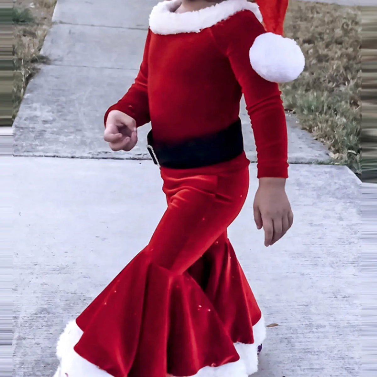 Red Korean velvet children's Christmas three-piece outfit with shirt, bell bottom trousers, and hat for ages 3-8