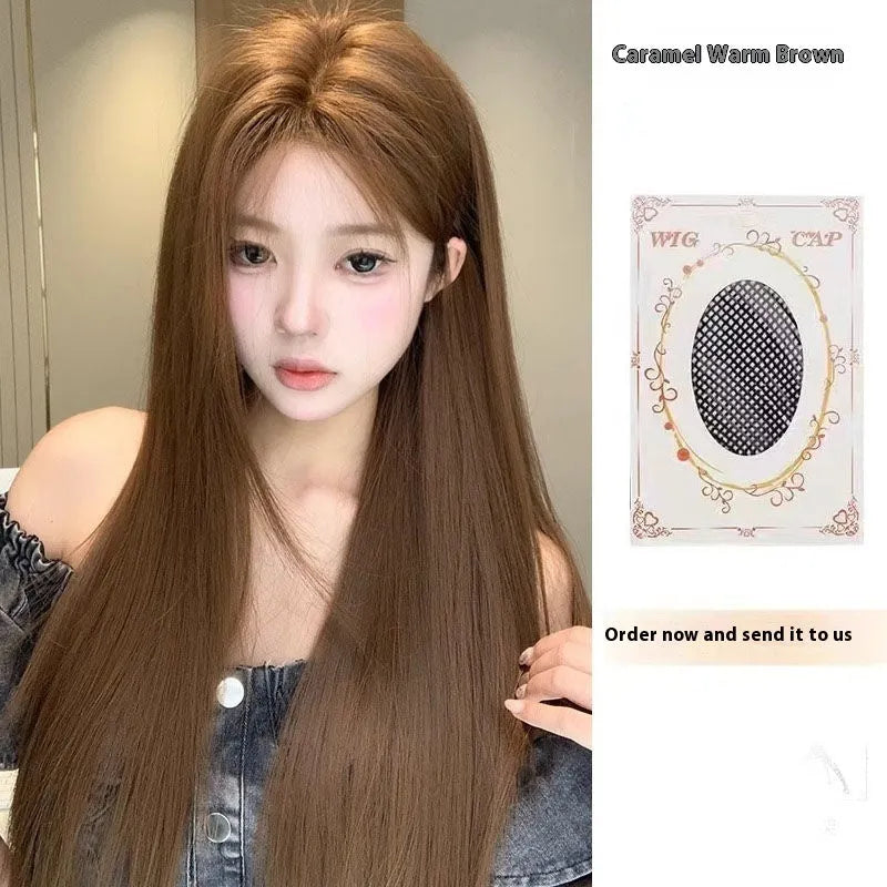 Women's warm brown wig with centre-parted bangs and long straight hair style showing forehead lace detail