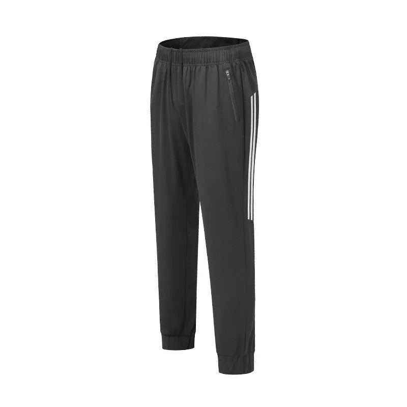 Men's black polyester sports trousers with mid waist design for running and exercise