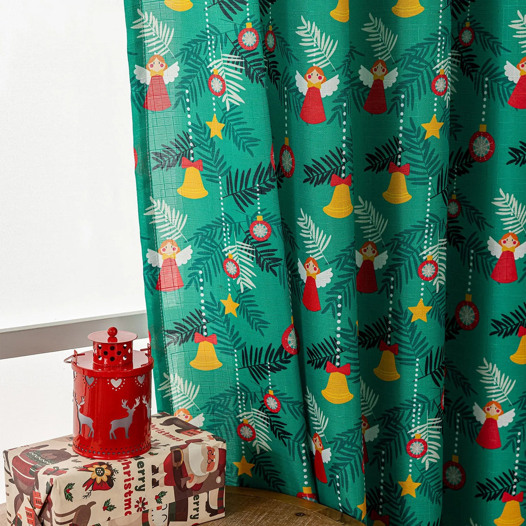 Green Christmas curtain with printed snowman and angel cartoon pattern