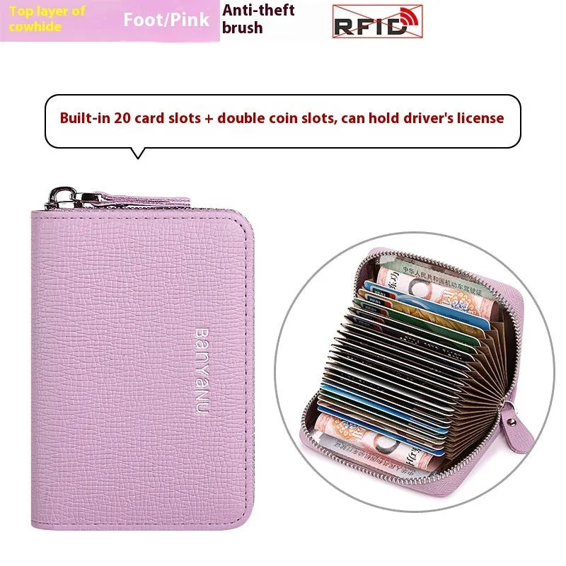 Genuine Leather Card Holder Female Cowhide Card Wallet Urban Simplicity 12 to 45 Slots Black Burgundy Pink Light Blue Dark Blue Daily Matching Card Organiser