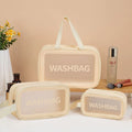 Large PVC transparent cosmetic bag set three pieces in beige, black, blue, pink, and white