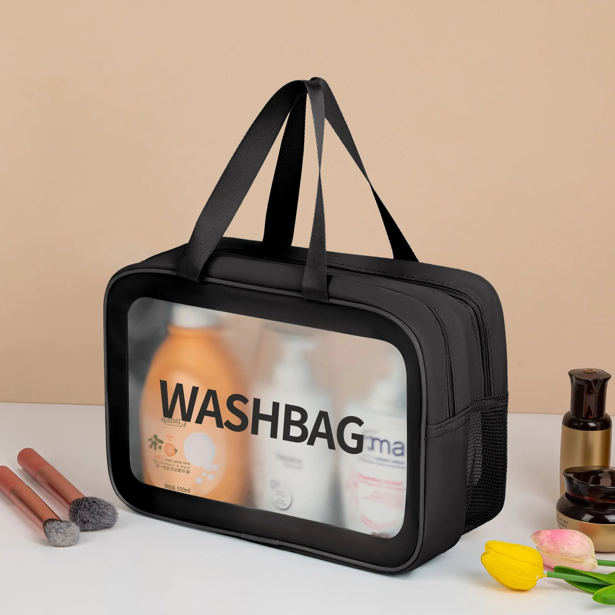 Large PVC transparent cosmetic bag set three pieces in beige, black, blue, pink, and white