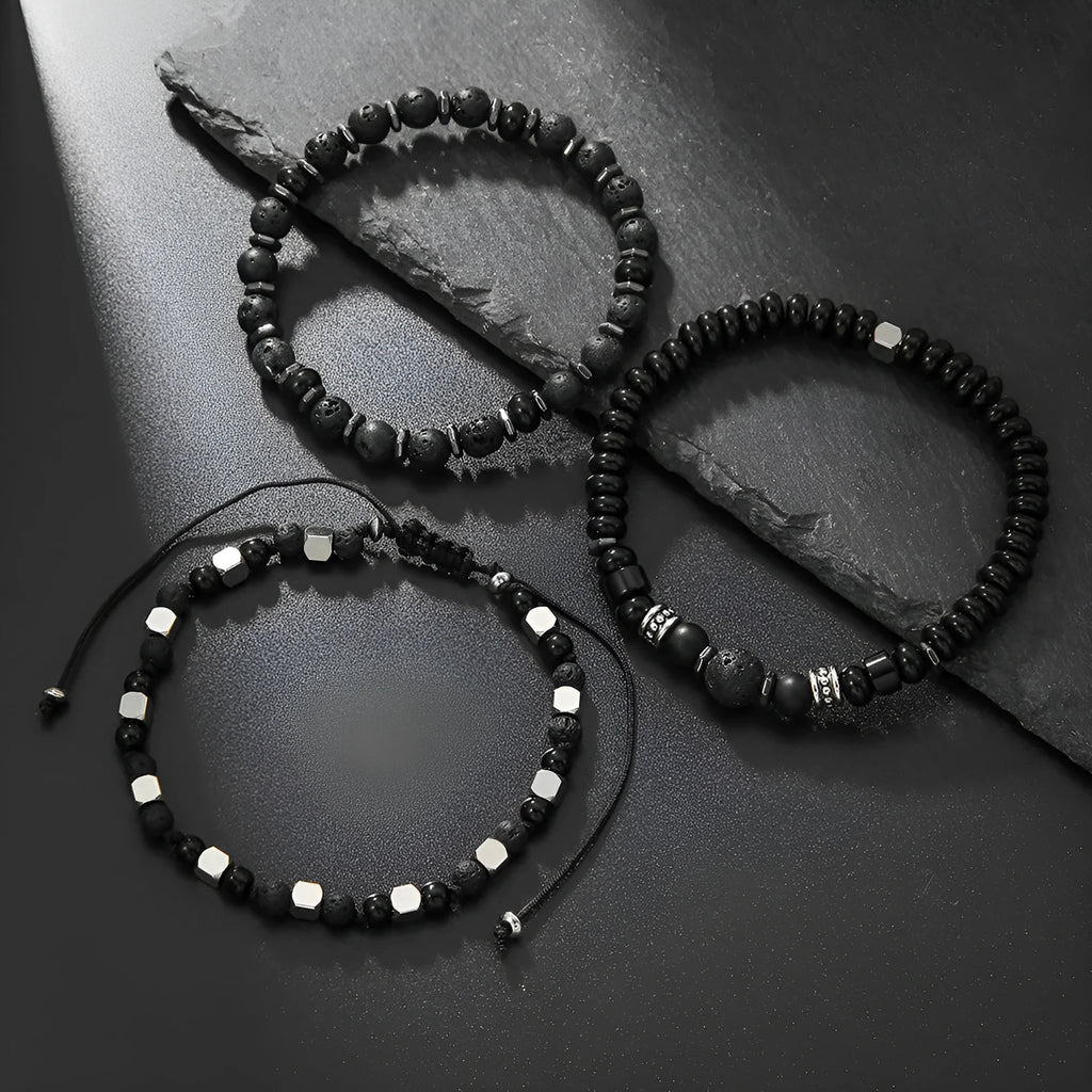 Hand-woven volcanic stone bracelet set of 3 with 18mm geometric beads in frosted finish, colours ZJ13132 and ZJ14266