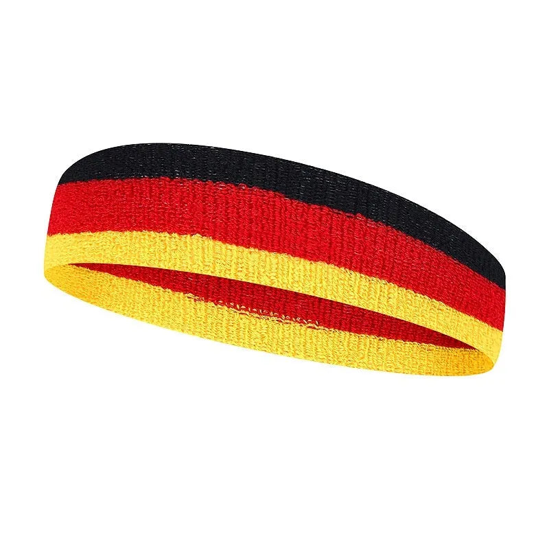 Colourful sports headband for adults in multicolour combinations, shown with 5.5x20 cm dimensions.