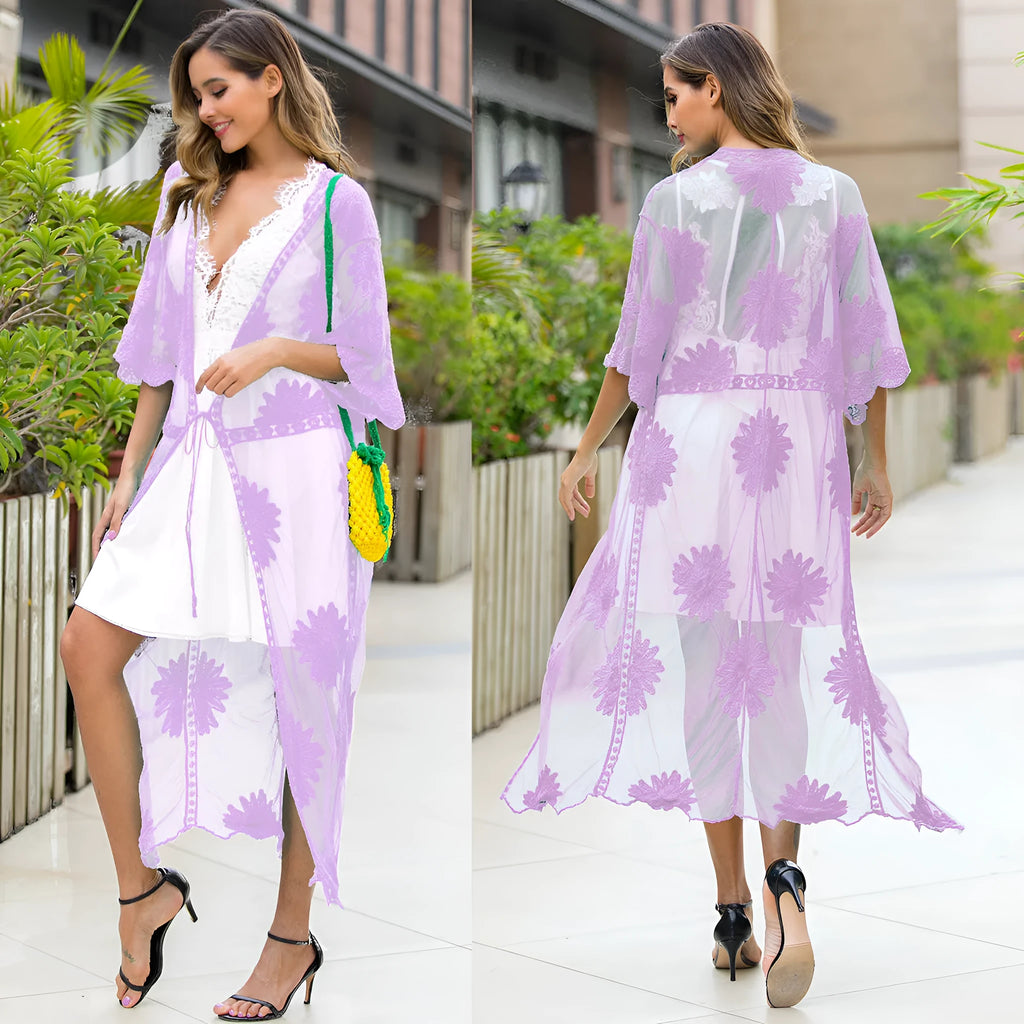 Light purple beachwear dress cardigan for women, a swimsuit cover-up in free size with cotton lining.