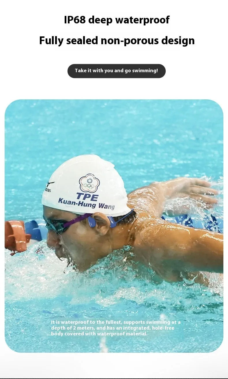 Bone conduction swimming Bluetooth headset with black ear-mounted design and 8GB onboard memory for waterproof audio