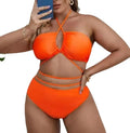 Plus size split bikini set in solid black or orange with sleeveless top and briefs, sizes L to 4XL