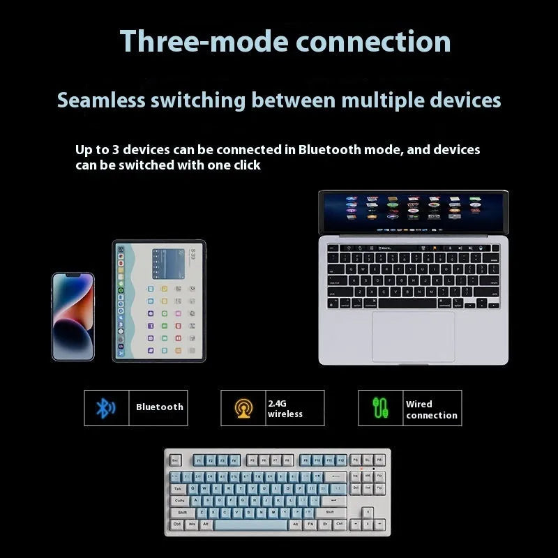 Office Game wireless mechanical keyboard showing colour options and 87-key or 108-key layouts