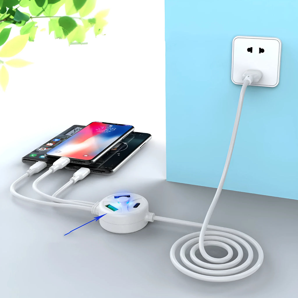 White 3-in-1 PD fast charge cable with USB, Micro USB, Mini USB, and TYPE-C connectors, 1.2 metres long.