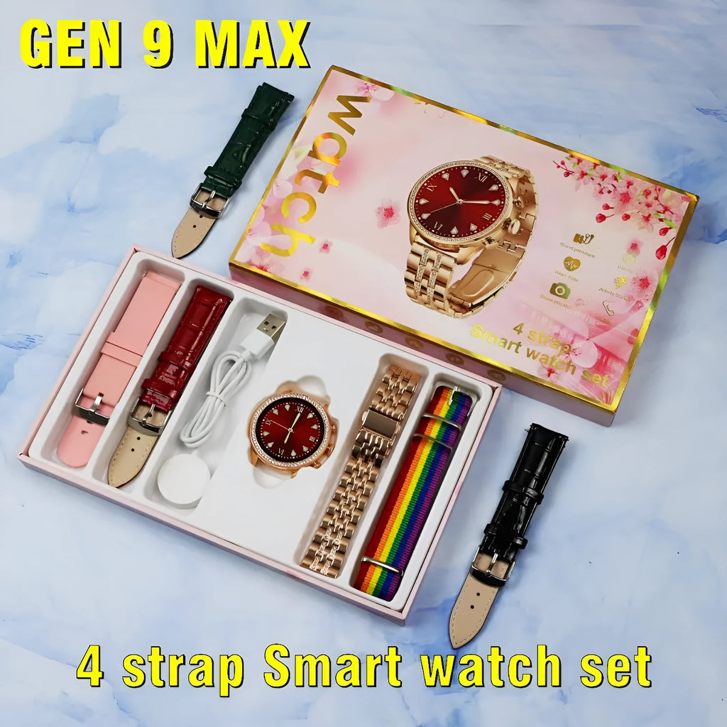 Women's GEN 9 MAX smart watch bracelet with TFT screen, touch button, four straps, and wireless charging cable