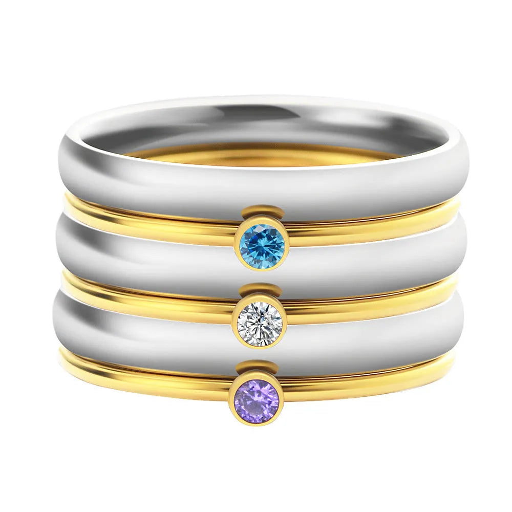 December birthstone titanium steel ring with engraved geometric design and gold accents