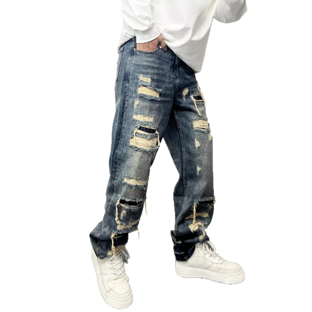 Light blue ripped patch denim jeans for teenagers mid waist zip fly cotton
