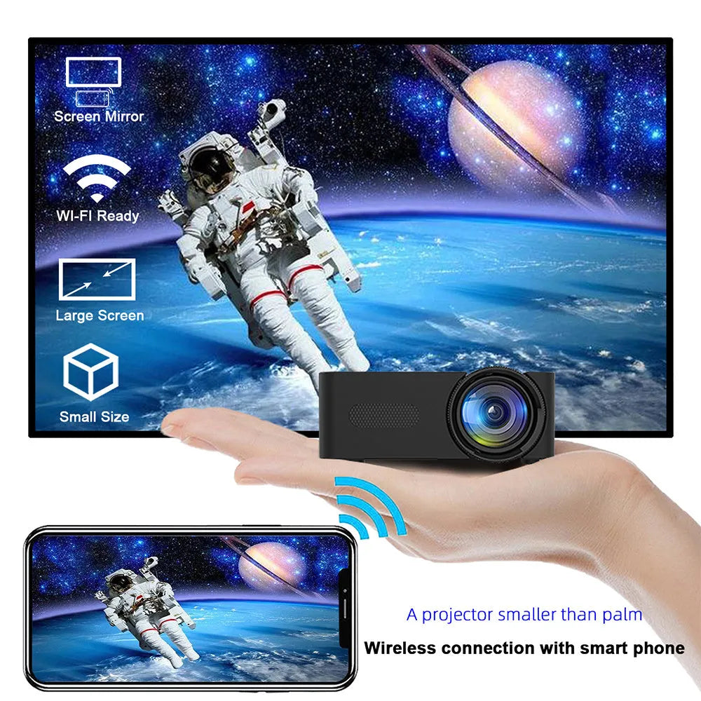 Black mini portable projector with USB power, wireless screen mirroring, 101x78x40mm body, and 165g weight