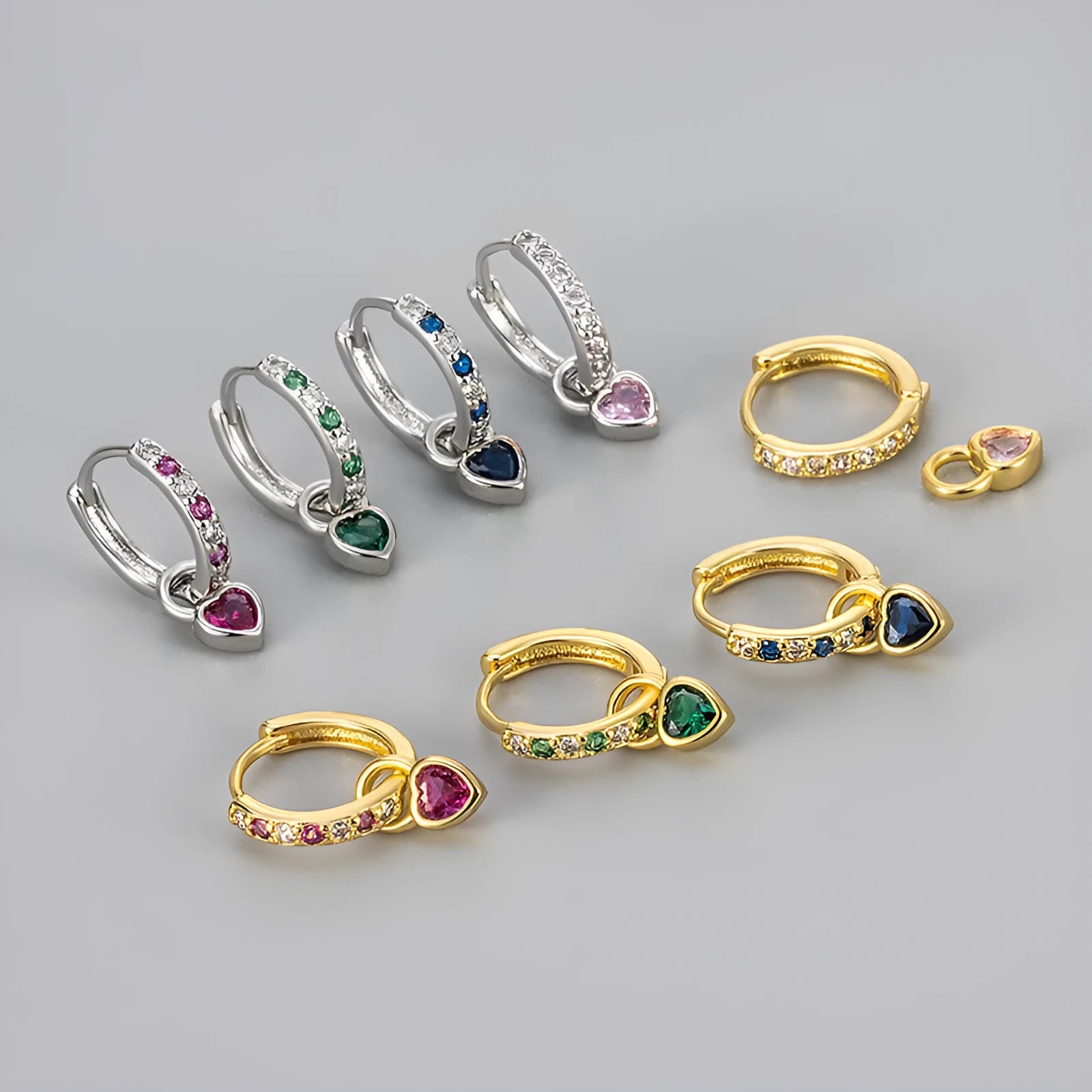 Heart-shaped zircon drop earrings for women in gold or white gold plating with colour stone options