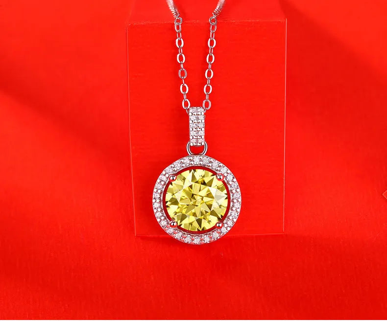 S925 silver round cake pendant necklace with golden yellow simulated moissanite in geometry design