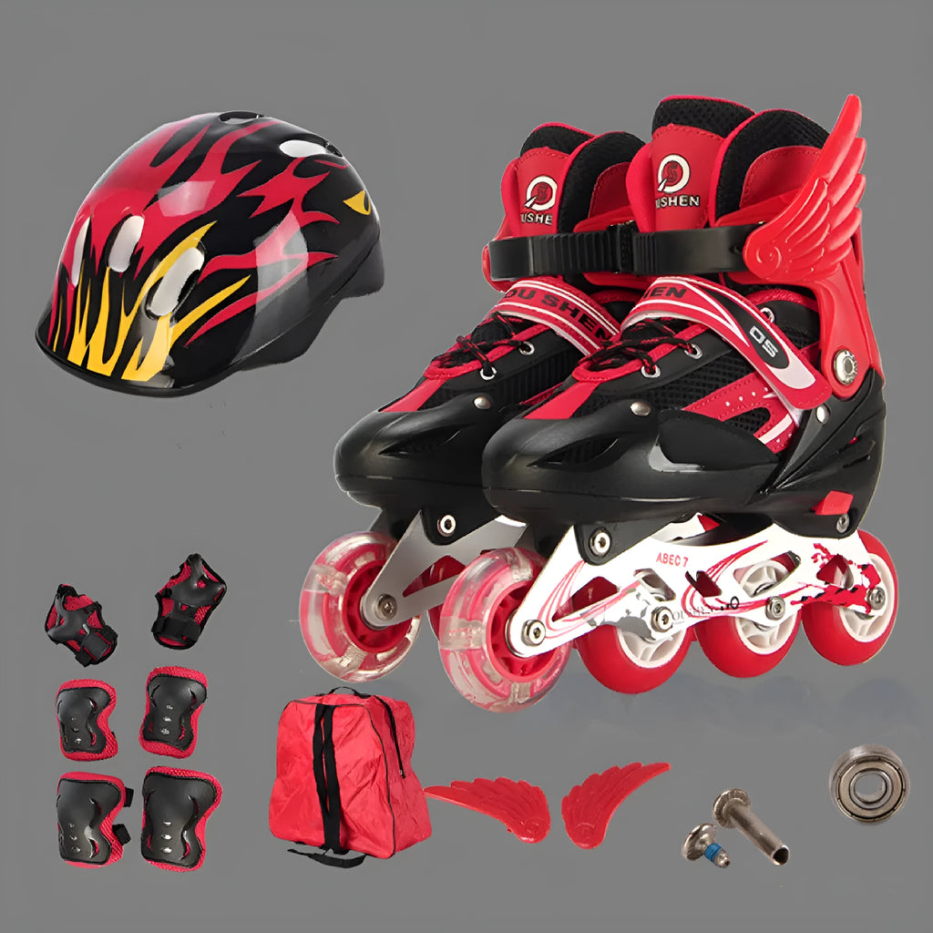 Children's adjustable inline skates with aluminium frame and protective gear set in multiple colours