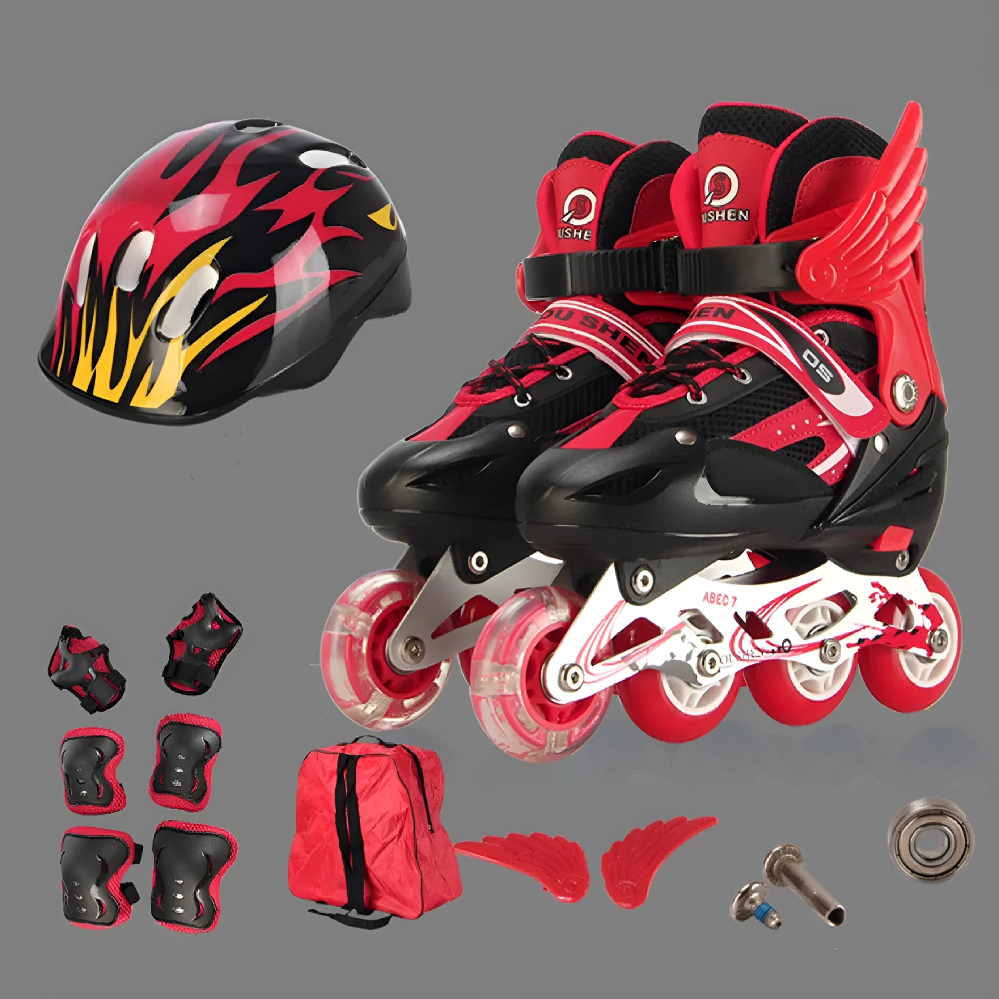 Children's adjustable inline skates with aluminium frame and protective gear set in multiple colours
