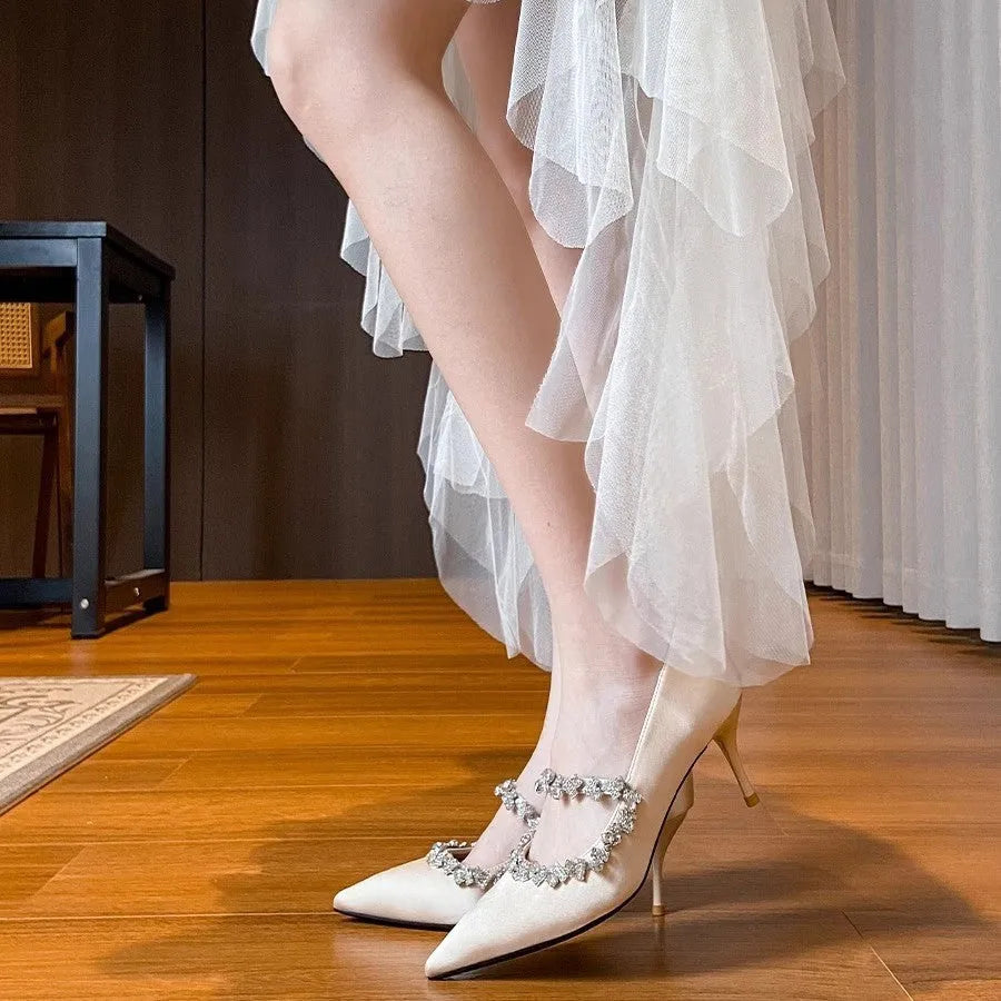 Apricot nude rhinestone pointed toe wedding shoes with 6-8cm high stiletto heel and microfiber lining