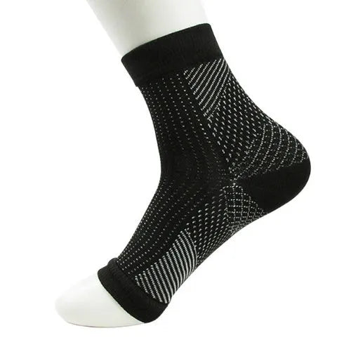 Nylon compression ankle support sleeve with heel hole, breathable and moisture-wicking, in black, red, or white.