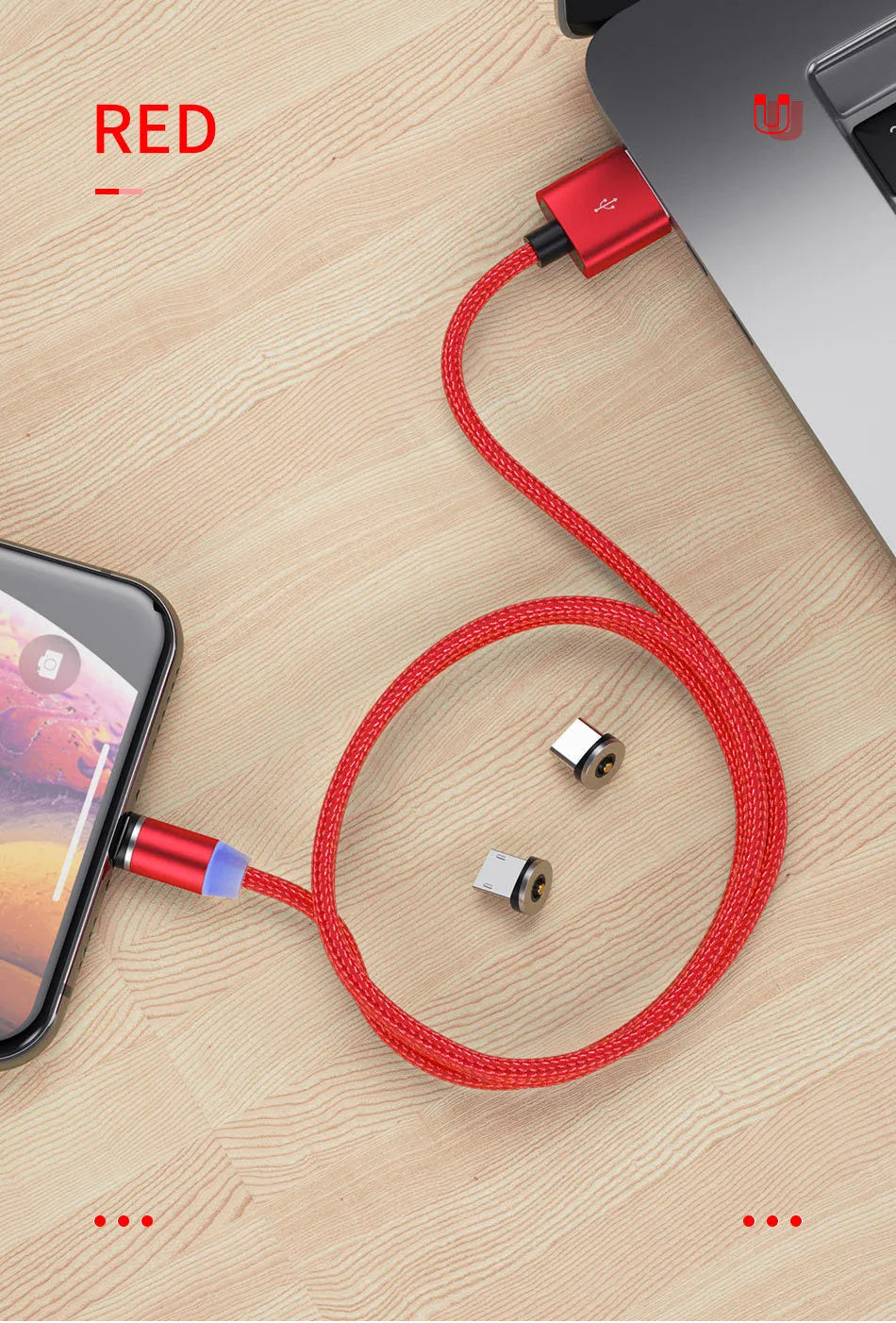 Black magnetic USB charging cable with LED light indicator showing 1 metre length