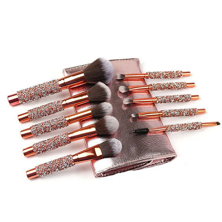 10-piece diamond wrap makeup brush set with colourful nylon bristles for precise eye and lip makeup application
