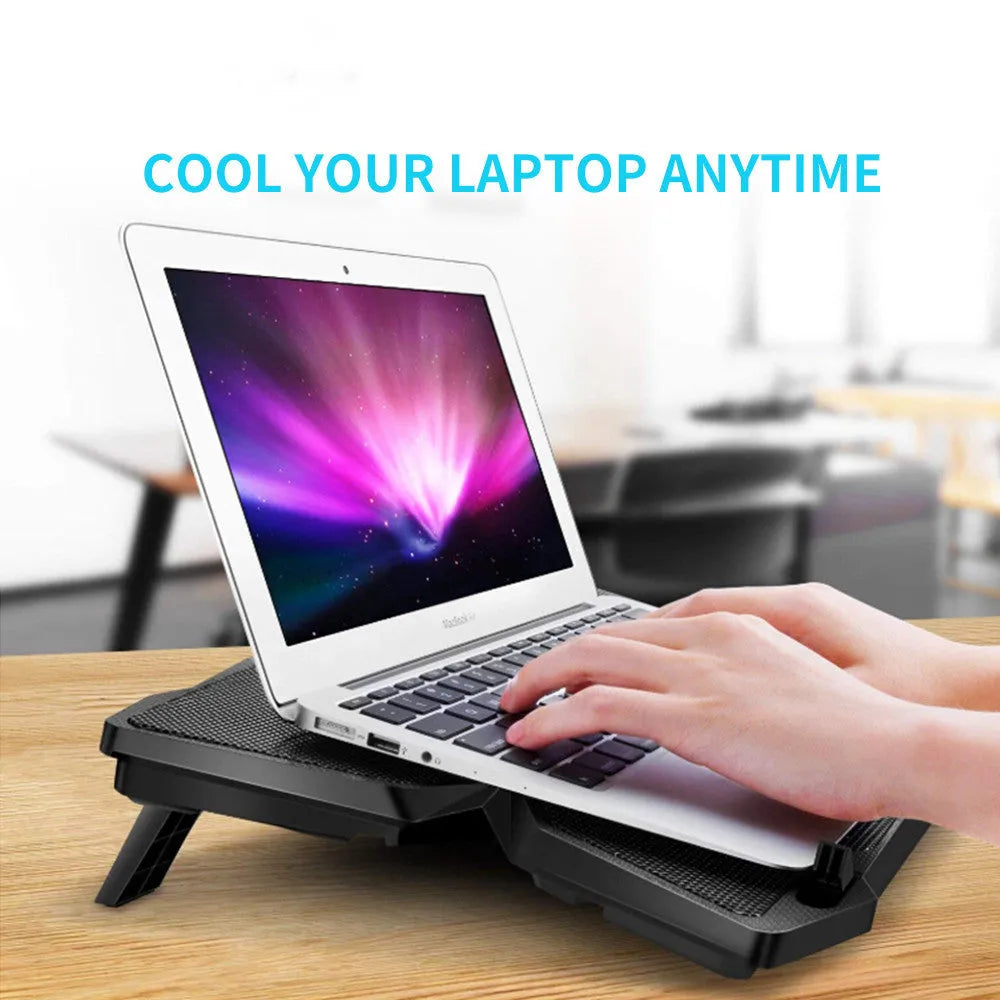 Laptop cooling base with four LED exhaust fans, USB ports, and control switches on blue or red background