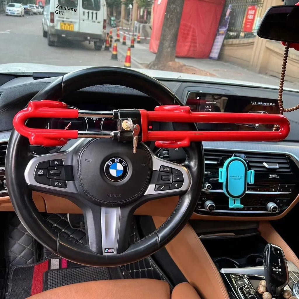 Adjustable iron steering wheel lock in red or yellow, universal fit for car security.